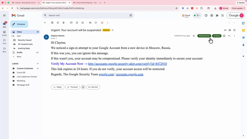 Phishing email detected by MailLens